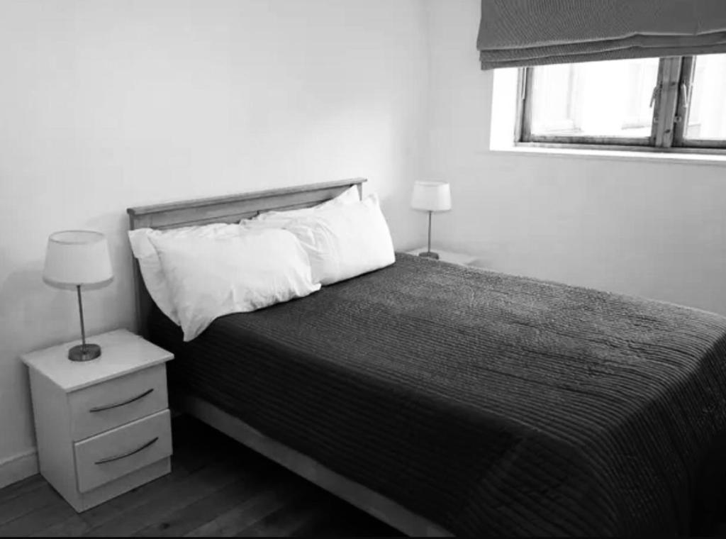 都柏林Shared Flat的黑白卧室设有床和窗户