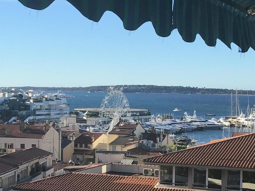 戛纳Cannes President, vue mer, festival, quartier forville le Suquet的享有海港和水中船只的景色