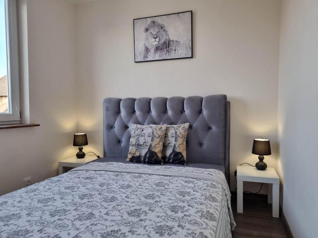维尔纽斯ODM&A apartment的卧室里一张带蓝色床头板的床
