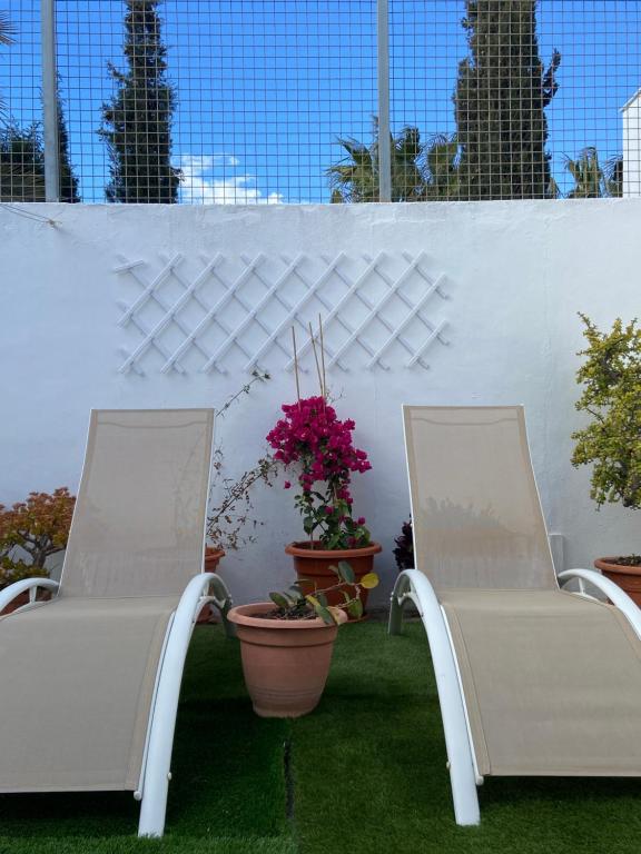 Fernán PérezCasa Rural El Jazminero的两把白色椅子坐在种有植物的庭院