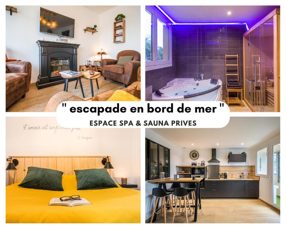 比尼克Escapade en Bord de mer avec Sauna et Spa Privés的卧室和浴室三幅照片的拼合