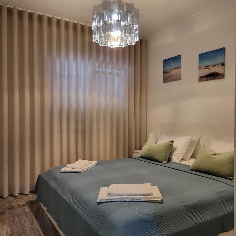 卡帕里卡海岸Nandos Apartement的一间卧室配有一张带吊灯的大床