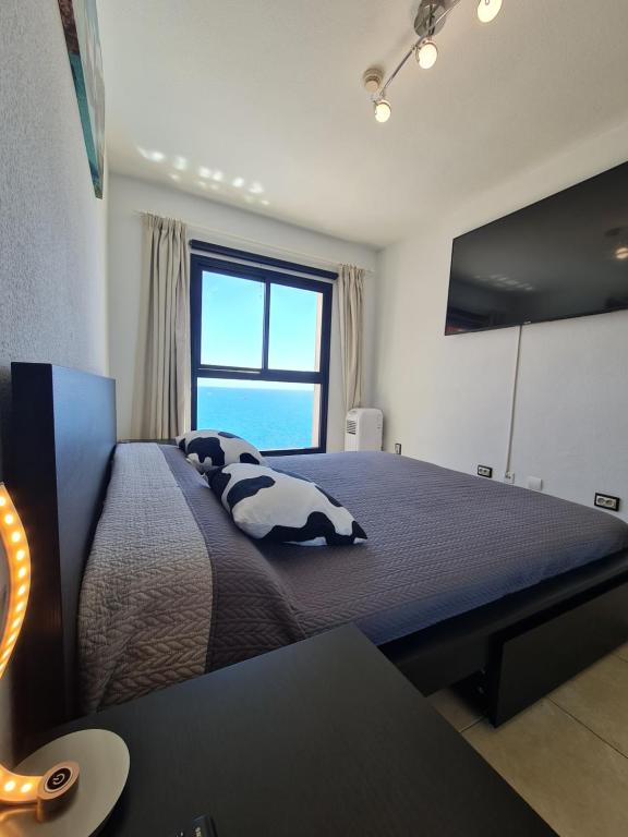 库拉海滩DELUXE 3 Rooms74m2,TRANSFE-R inc! SEAVIEW on AMADORES,2 heatPOOLs, PARKING, 600 MB,Dishwasher,2Lift,,3 BEACHes的一间卧室设有一张大床和一个窗户。