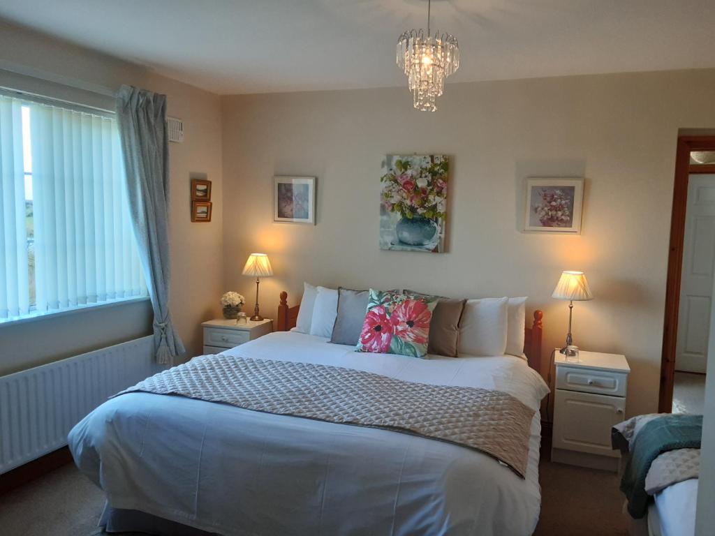 贝尔特比特Hawthorn Lodge的一间卧室配有一张大床和一个吊灯。