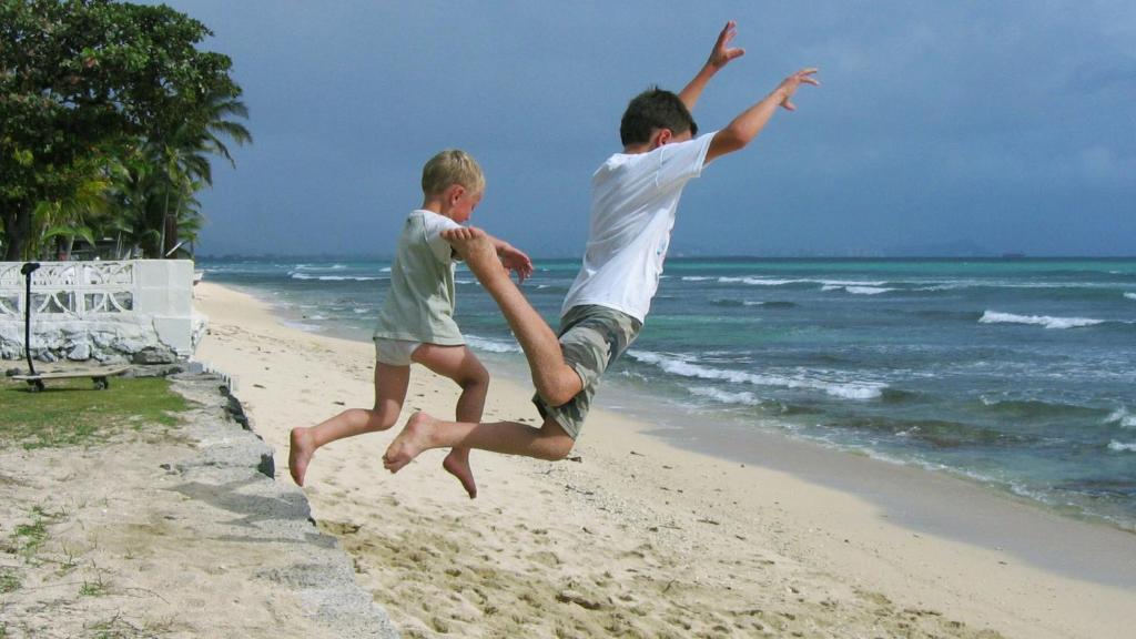 Ewa BeachHale Kai Ewa的两个男孩在海滩上跳上空中
