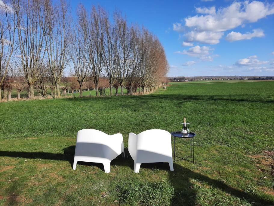 KruisemKomo Hill Stays - guestroom Komo Cosy的田野上的两把白色椅子和一张桌子