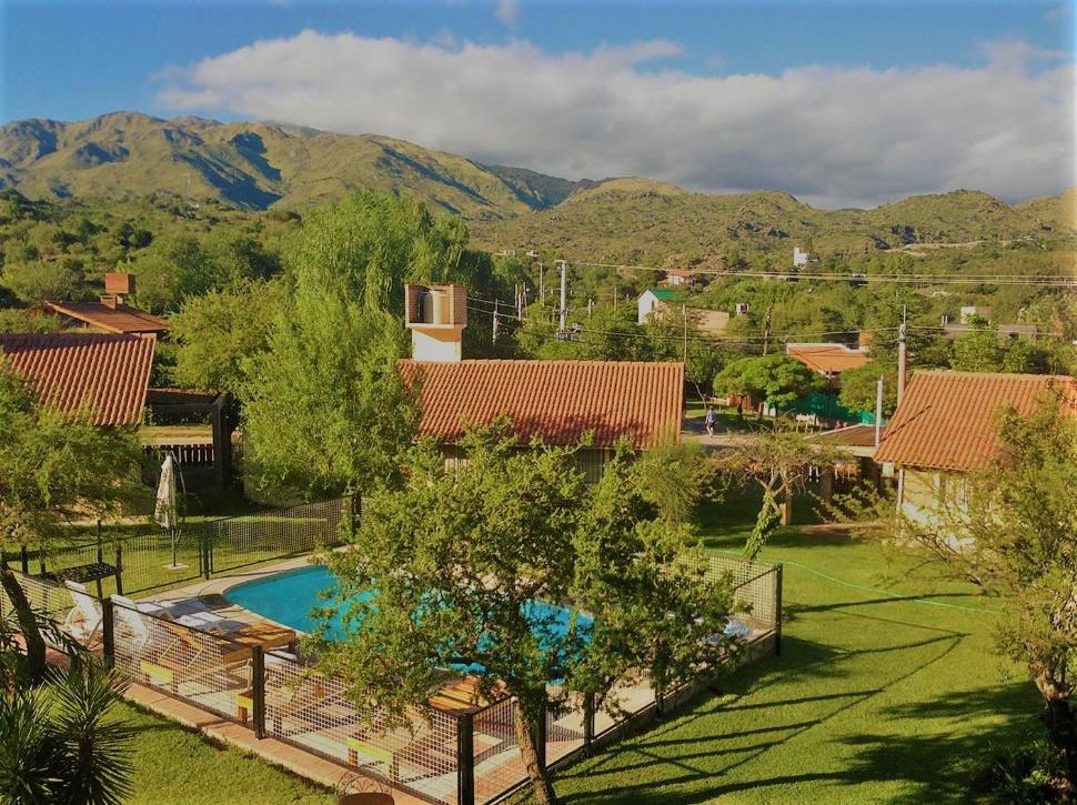 波特雷罗德洛斯弗内斯Cabañas Espejo del Cielo的一座位于庭院内的游泳池,山地背景