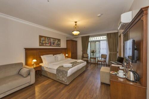 伊斯坦布尔Hotel Blisstanbul的大型酒店客房,配有床和沙发