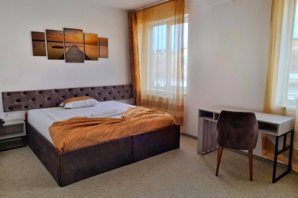 克卢日-纳波卡阿莱克斯酒店的一间卧室配有一张床、一张桌子和一把椅子