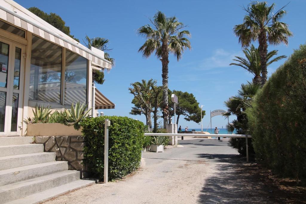 拉西约塔Hotel Restaurant Miramar L'orchidée的海滩上一座带楼梯和棕榈树的建筑