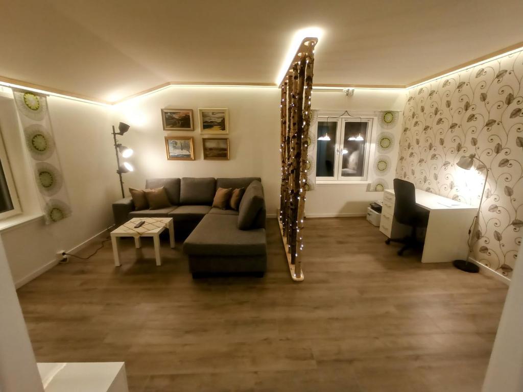 Exklusiv flat with office 25 min from Östersund的带沙发和镜子的客厅