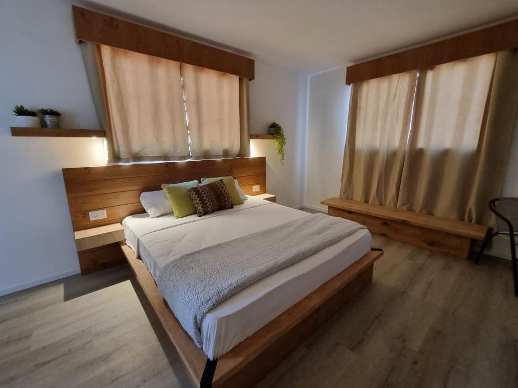 提比里亚מלון טיבריא的一间卧室设有一张大床和两个窗户。