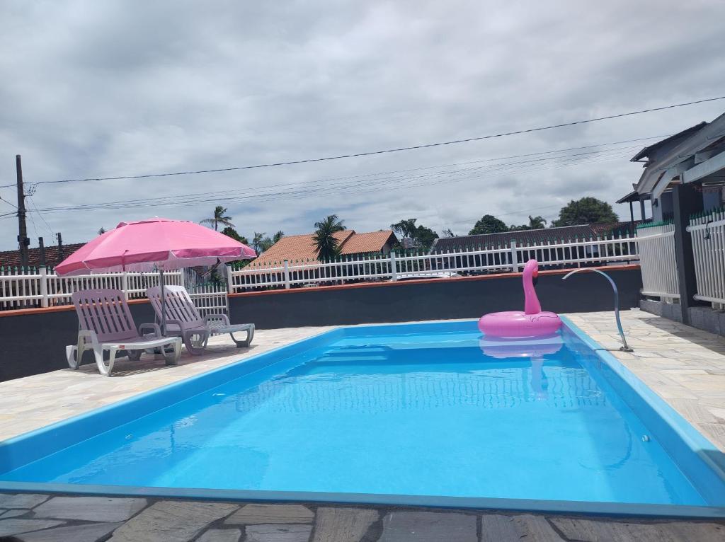 南圣弗朗西斯科Apto com piscina 3 quartos 500m do mar praia Ubatuba的中间的游泳池,游泳池有粉红色的火烈鸟