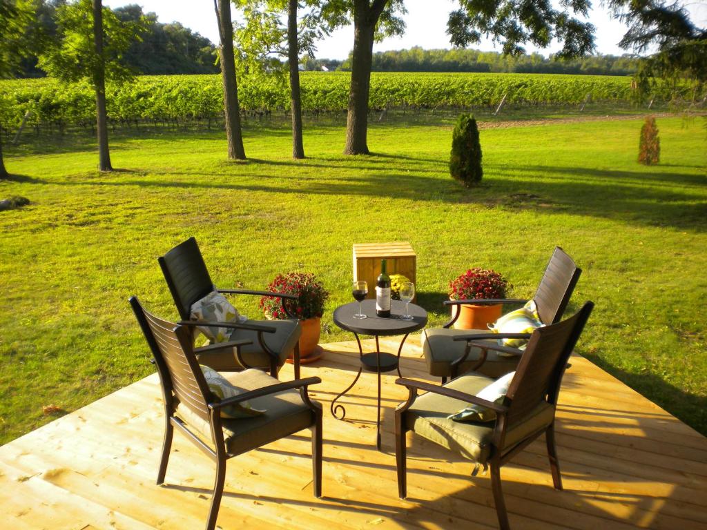 滨湖尼亚加拉葡萄园别墅 的庭院配有桌椅和田野。