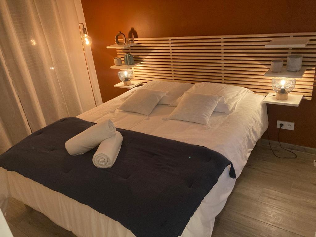 圣雷米普罗旺斯Bienvenue à La Petite Virette的一间卧室配有一张带两个白色枕头的大床