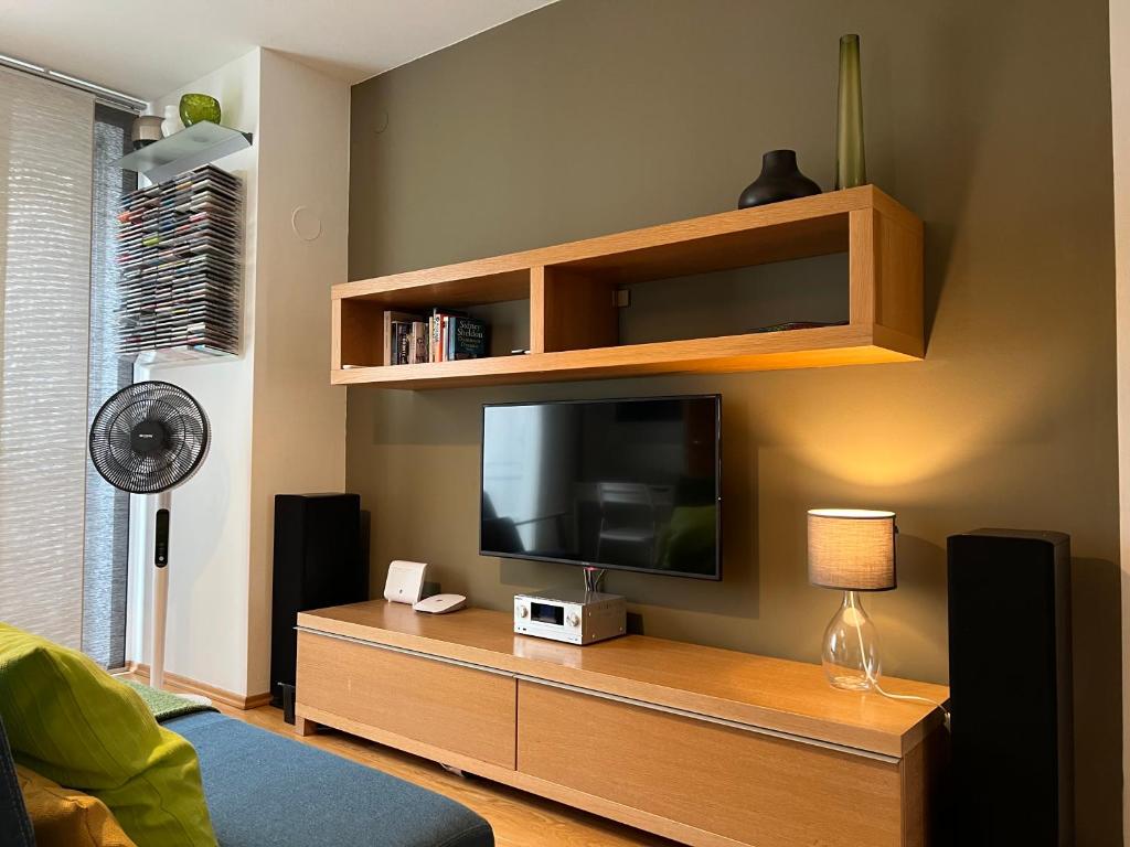 维也纳Feels-Like-Home Apt @ Praterstern的一间客厅,客厅内配有一台电视,位于一个木制娱乐中心