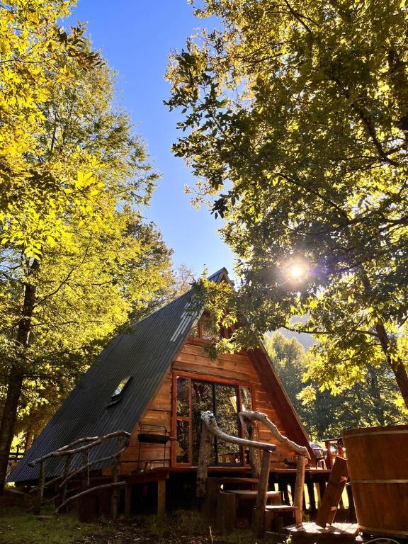 梅利佩乌科Alpinas de Sollipulli refugio llaima的木头上茅草屋顶的小屋