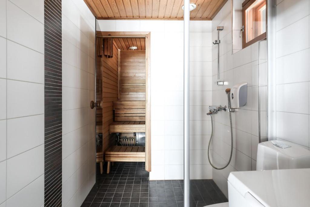 耶姆赛Himos Mökki superior - Chalet Cottage superior ski-in-ski-out的一间带步入式淋浴间和卫生间的浴室