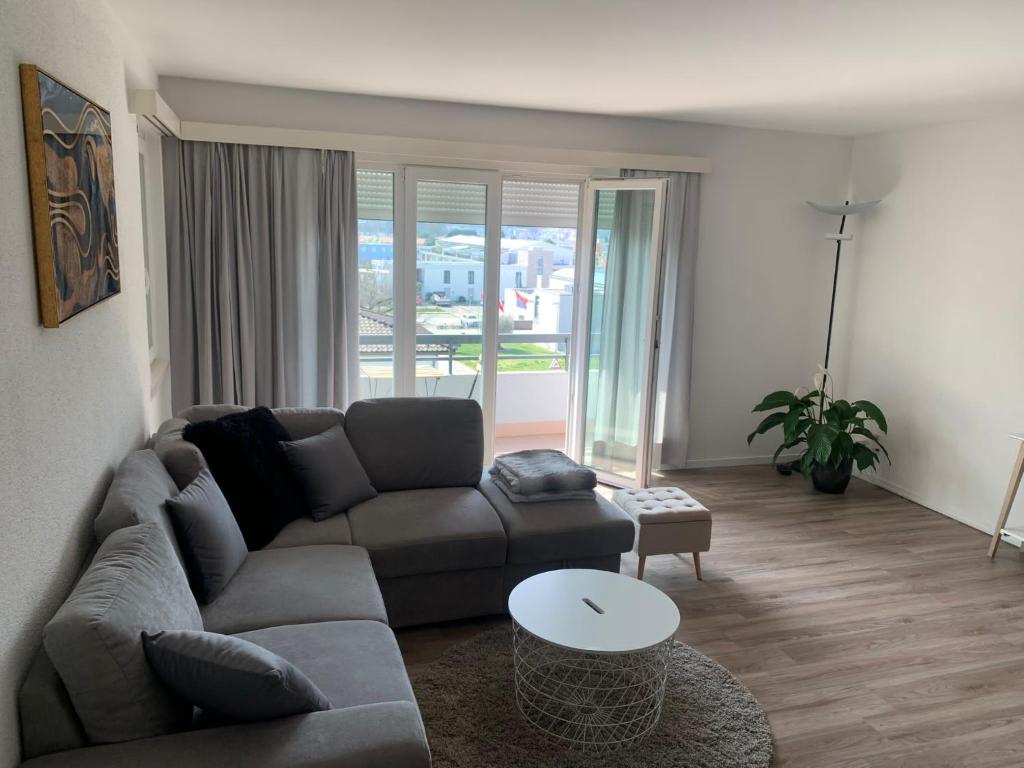 卡斯拉诺Caslano City Apartments的客厅配有沙发和桌子