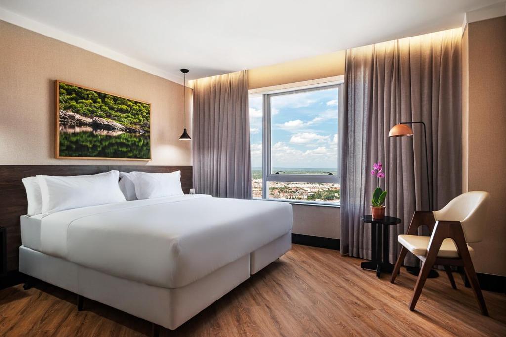费拉迪圣安娜NH HOTEL FEIRA DE SANTANA的卧室设有一张白色大床和大窗户