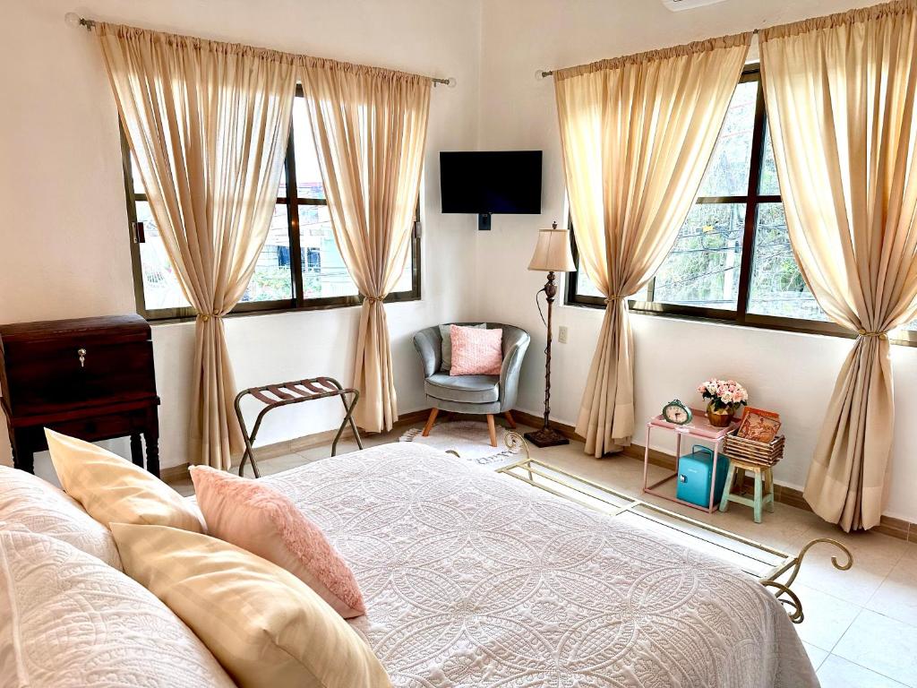 帕潘特拉德奧拉特Freijoó Casa Vintage的一间卧室配有一张床、一把椅子和窗户。