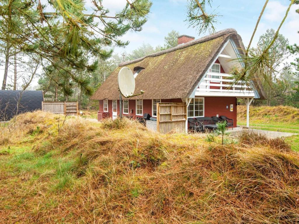 托弗图姆Modern Holiday Home in Rømø with Sauna的草山顶上的一个小房子