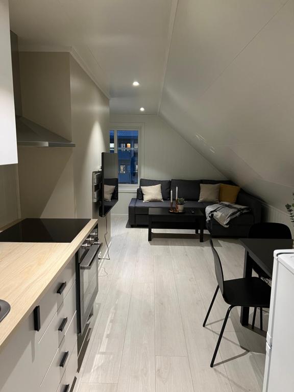 波多Ny og moderne 2-roms leilighet的厨房以及带沙发的起居室。