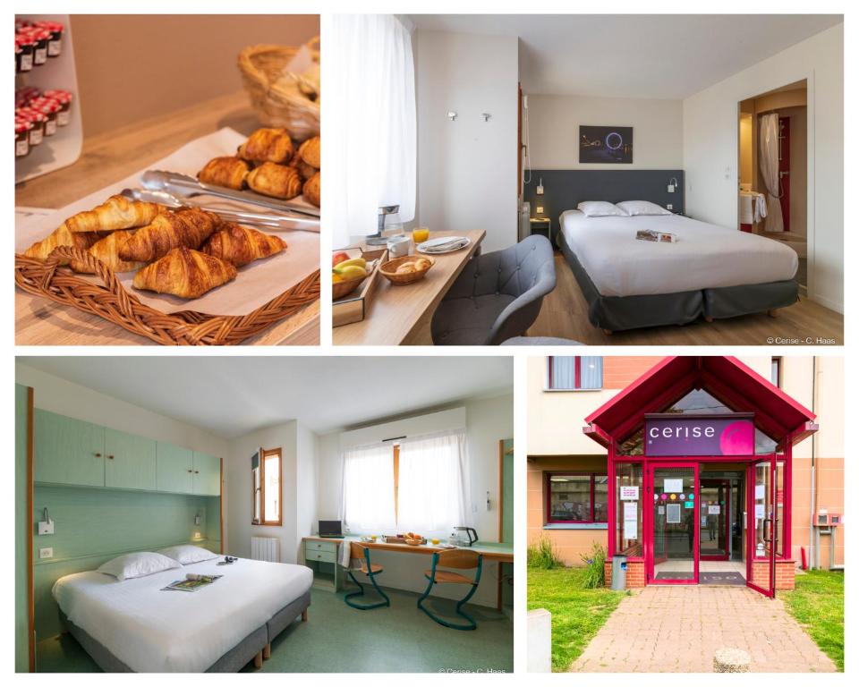 南特赛里斯南特酒店的一张带两张床和面包的酒店客房的三张照片