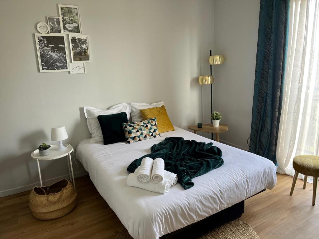 拉蒙维尔圣阿尼Appartement - cœur de Ramonville的一间卧室配有带毛巾的床