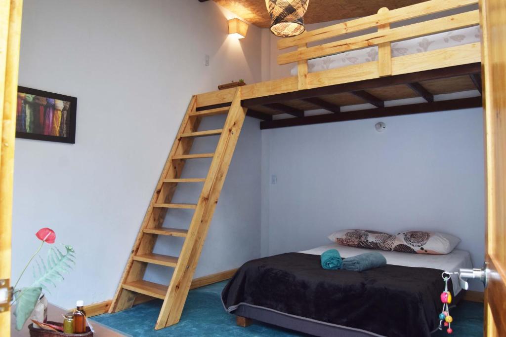 卡利Bosque Colibrí的一间卧室配有带梯子的双层床