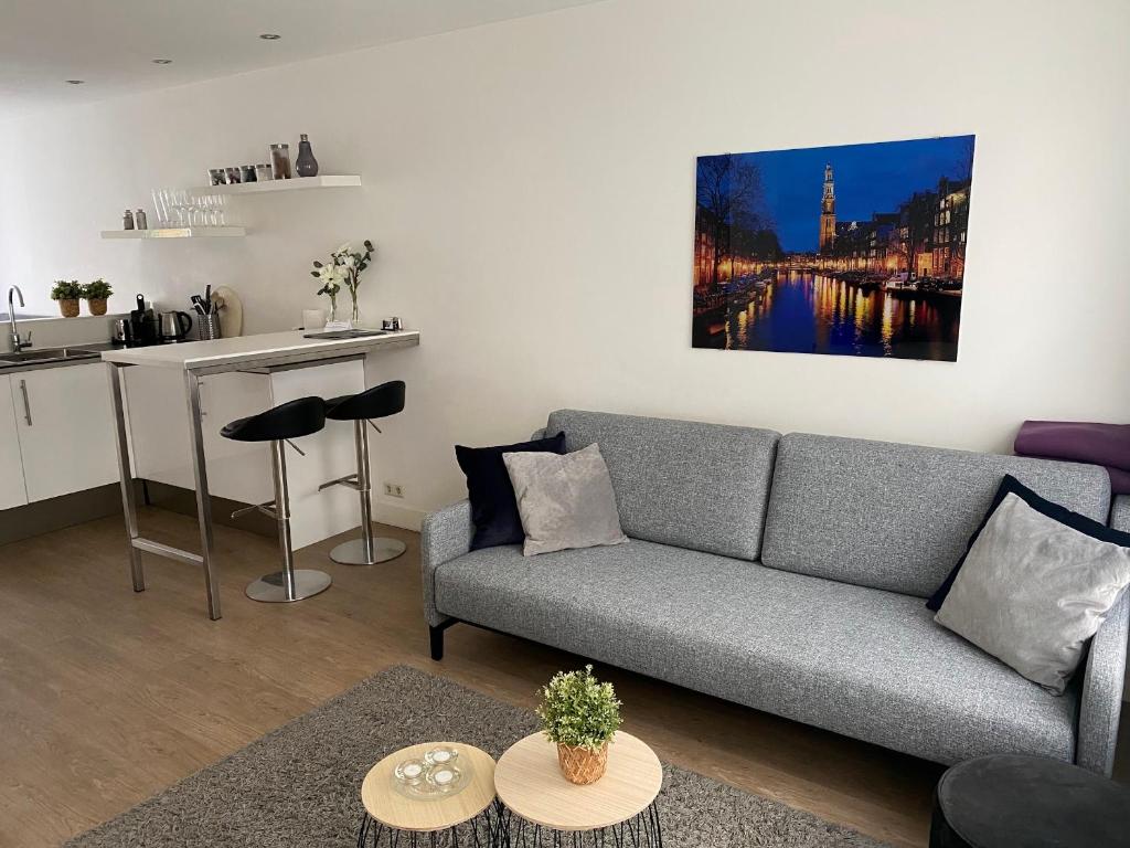 阿姆斯特丹罗西公寓的客厅配有灰色的沙发和桌子