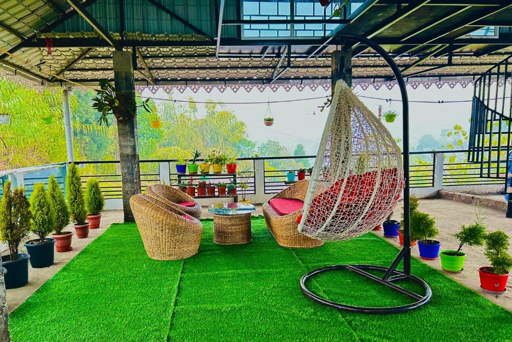 MirikMirik Homestay的一个带绿草、吊床和盆栽的庭院