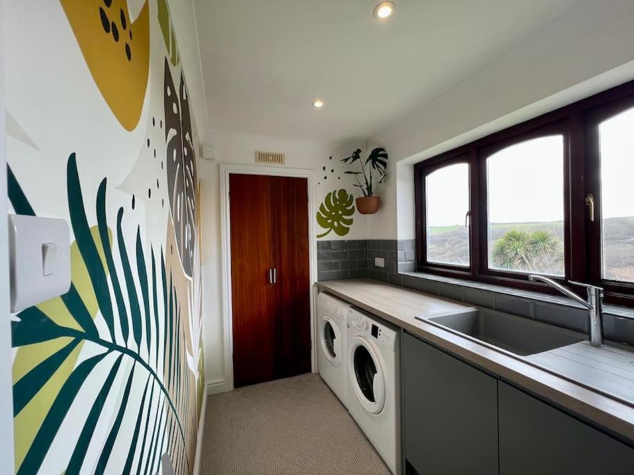 纽基Valley Lodge House - Porth Newquay的厨房配有水槽和洗衣机