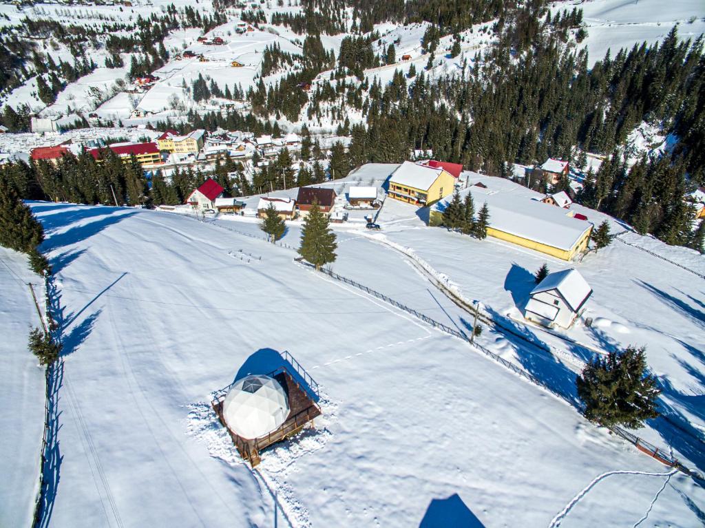 阿列谢尼WildGlampingArieseni的享有山脉中积雪覆盖的村庄的空中景致