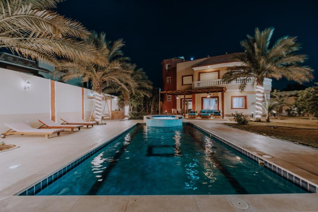 赫尔格达Luxury private villa with pool的夜间带游泳池的别墅