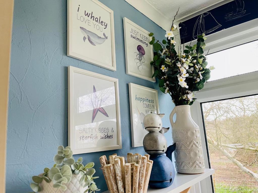 Brading“SEA HEAVEN “ chalet in Sandown Bay Holiday Park的一张蓝色的墙上挂着照片,架子上有一个花瓶