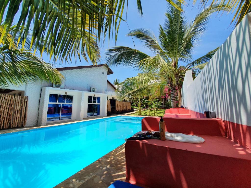 桑给巴尔BARIDI VILLA的一个带红色椅子的游泳池,棕榈树