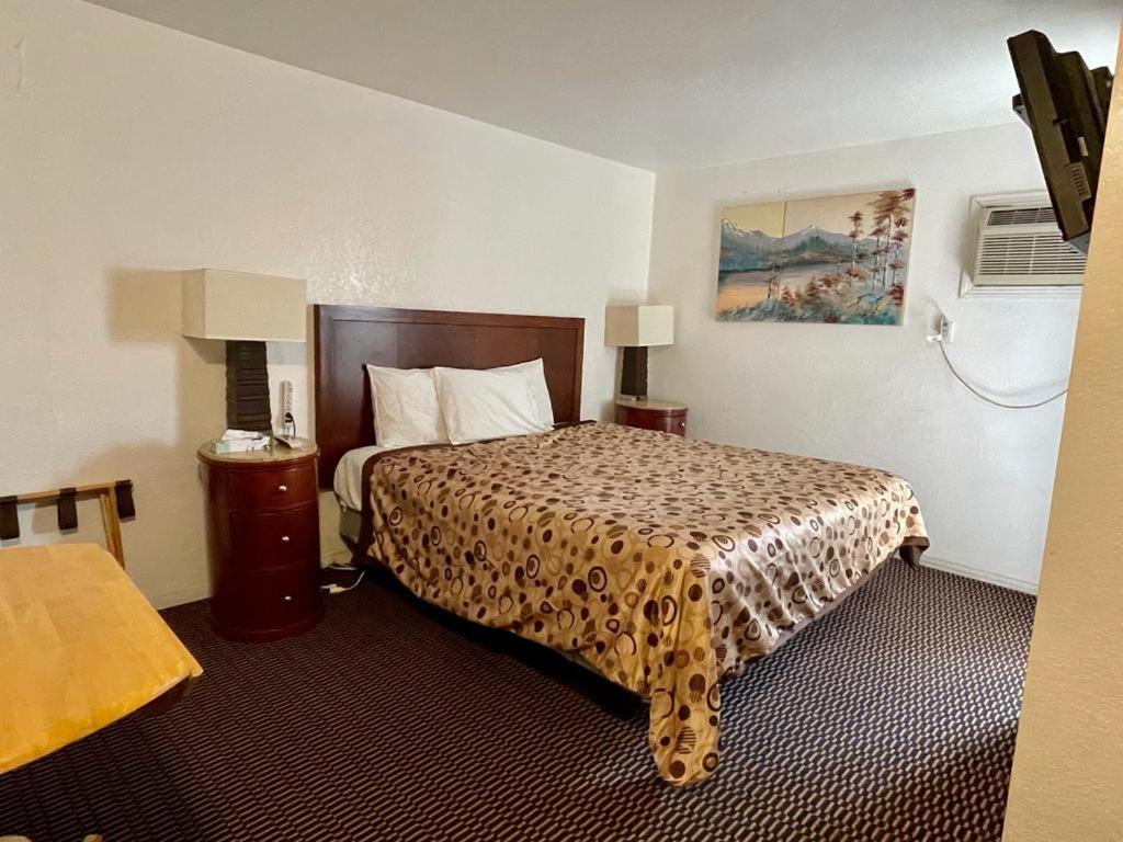 莫哈韦沙漠酒店的酒店客房配有一张带豹纹涂布的床。