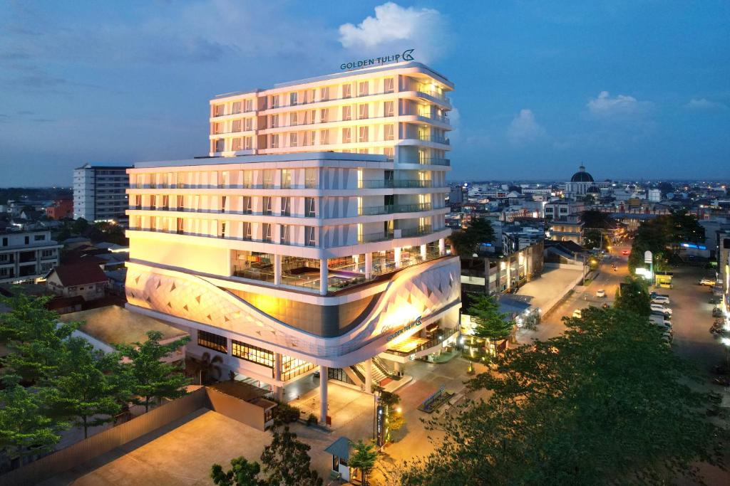 坤甸坤甸金色郁金香酒店的城市的一座有灯光的建筑