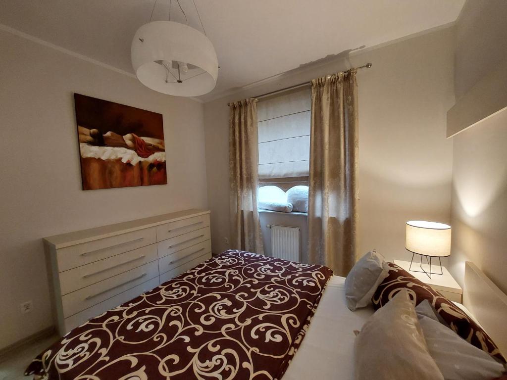什切青SAS Apartamenty Perfect的一间卧室设有一张床和一个窗口