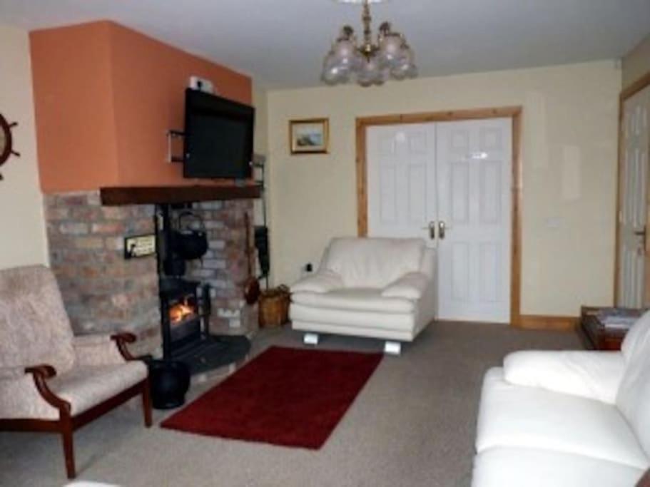 CorrannyFermanagh lakeside Self Catering的带沙发和壁炉的客厅