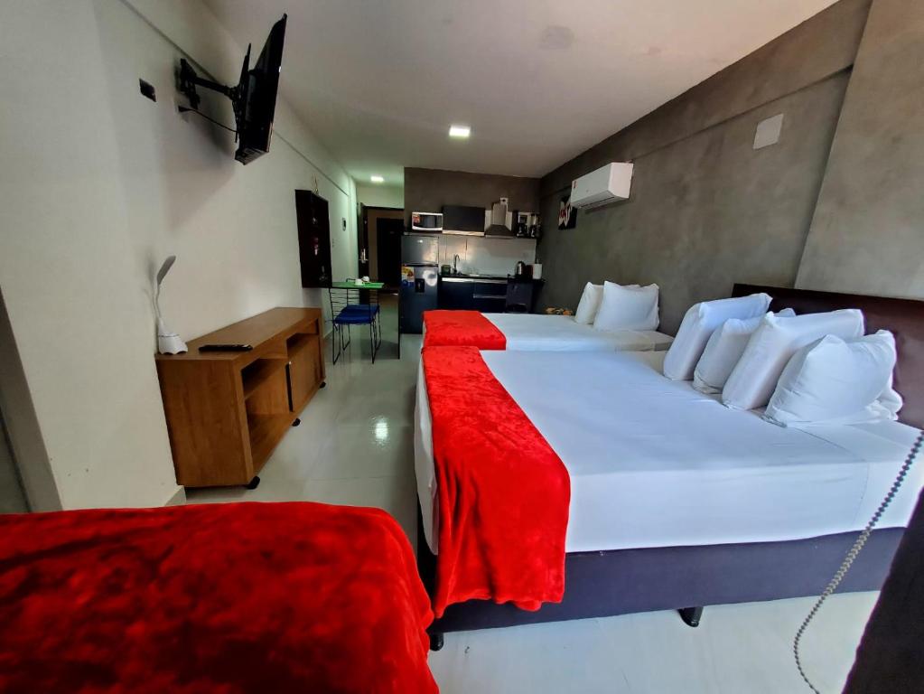 圣克鲁斯Bellini Suites Apartments的酒店客房带两张床和厨房
