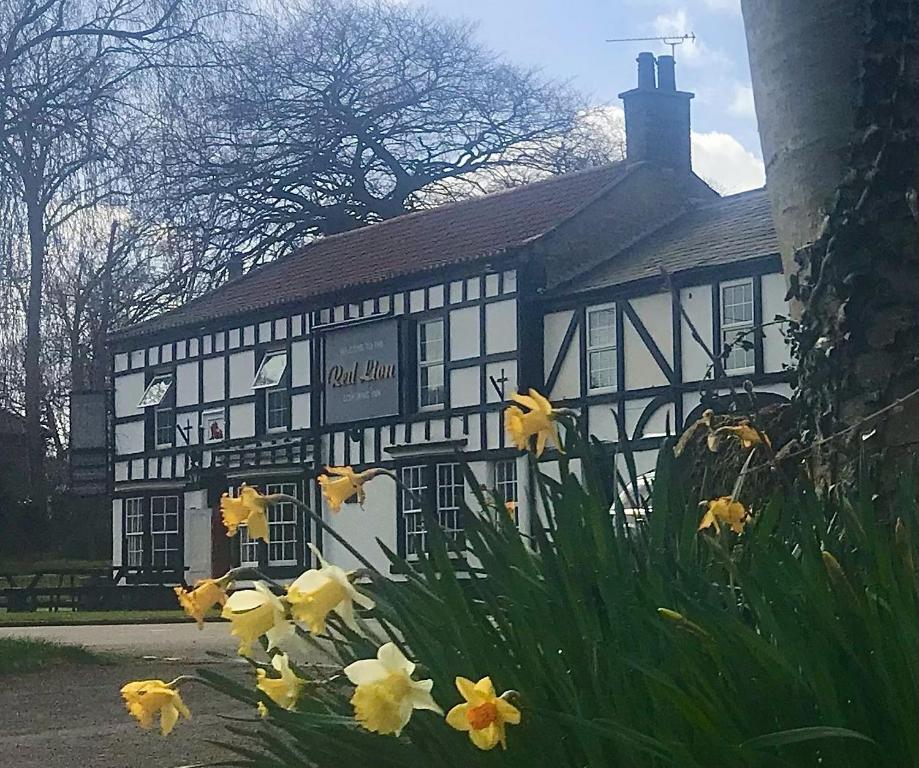 RedbourneRed Lion Coaching Inn的一座黑白的建筑,前面有黄色的花朵