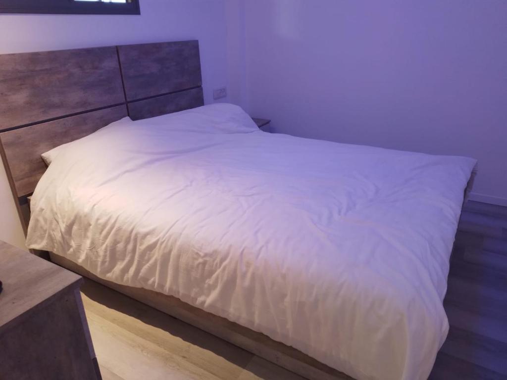 提比里亚Puy Rambam's apartment Tiberias的卧室配有白色的床和木制床头板