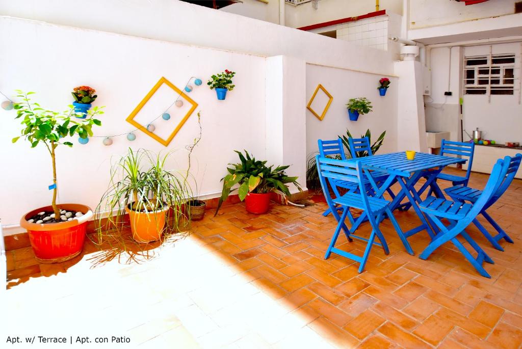 瓦伦西亚Emma Apartment Central的植物间里一张蓝色的桌子和椅子
