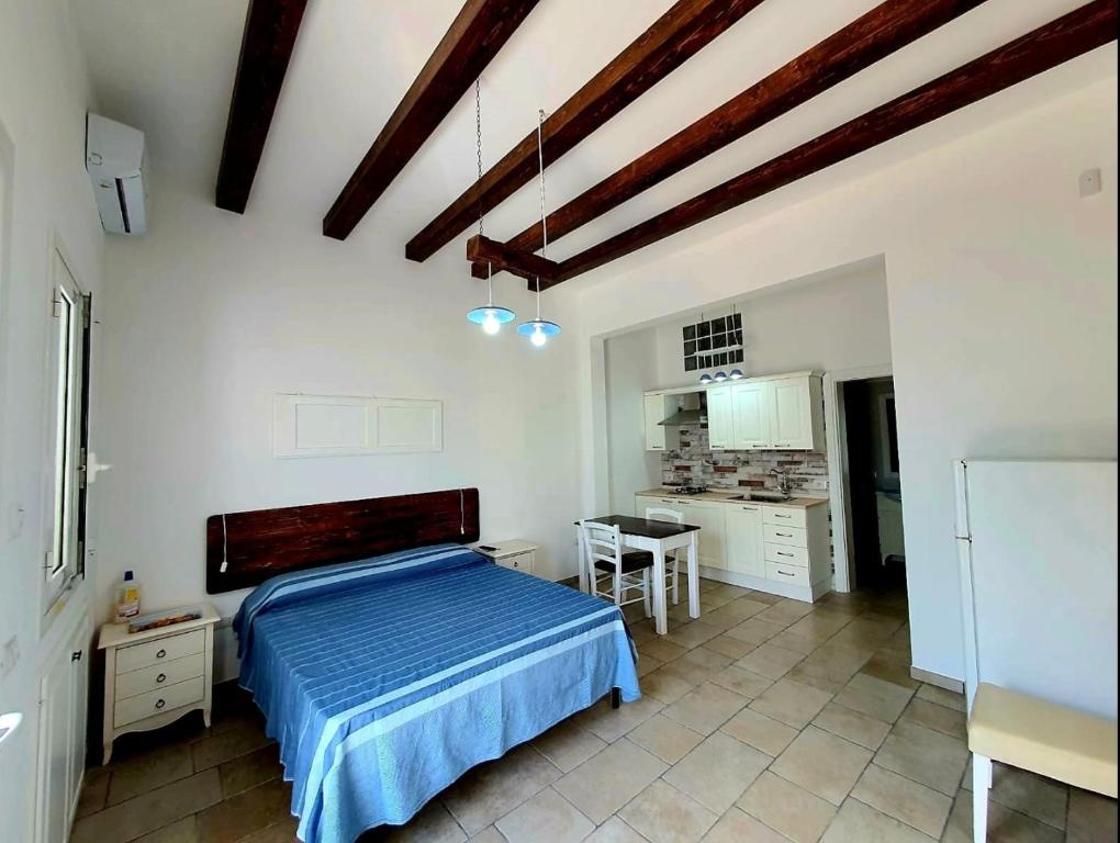 玛丽娜迪曼卡维萨Lu Salentu Chalet Beach的一间带蓝色床的卧室和一间厨房