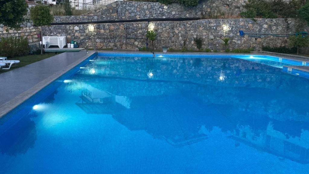 米拉斯Semiramis Garden的一座大型蓝色游泳池,灯光照亮