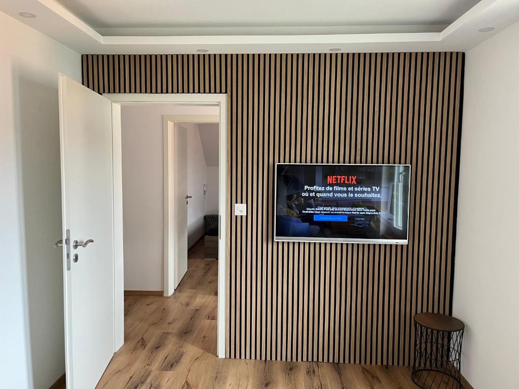 Couvet科维市中心舒适一室公寓的一间客厅,墙上有条纹的电视