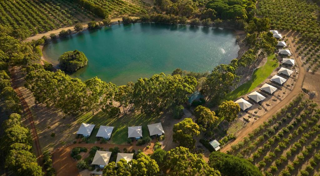Cowaramup奥里奥贝洛湖畔格拉姆皮恩酒店的享有湖泊的空中景致,设有帐篷和树木