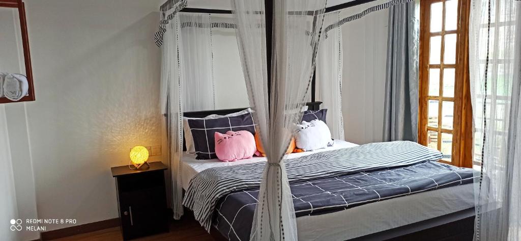 努沃勒埃利耶Mount Elegence的卧室配有带粉红色枕头的天蓬床